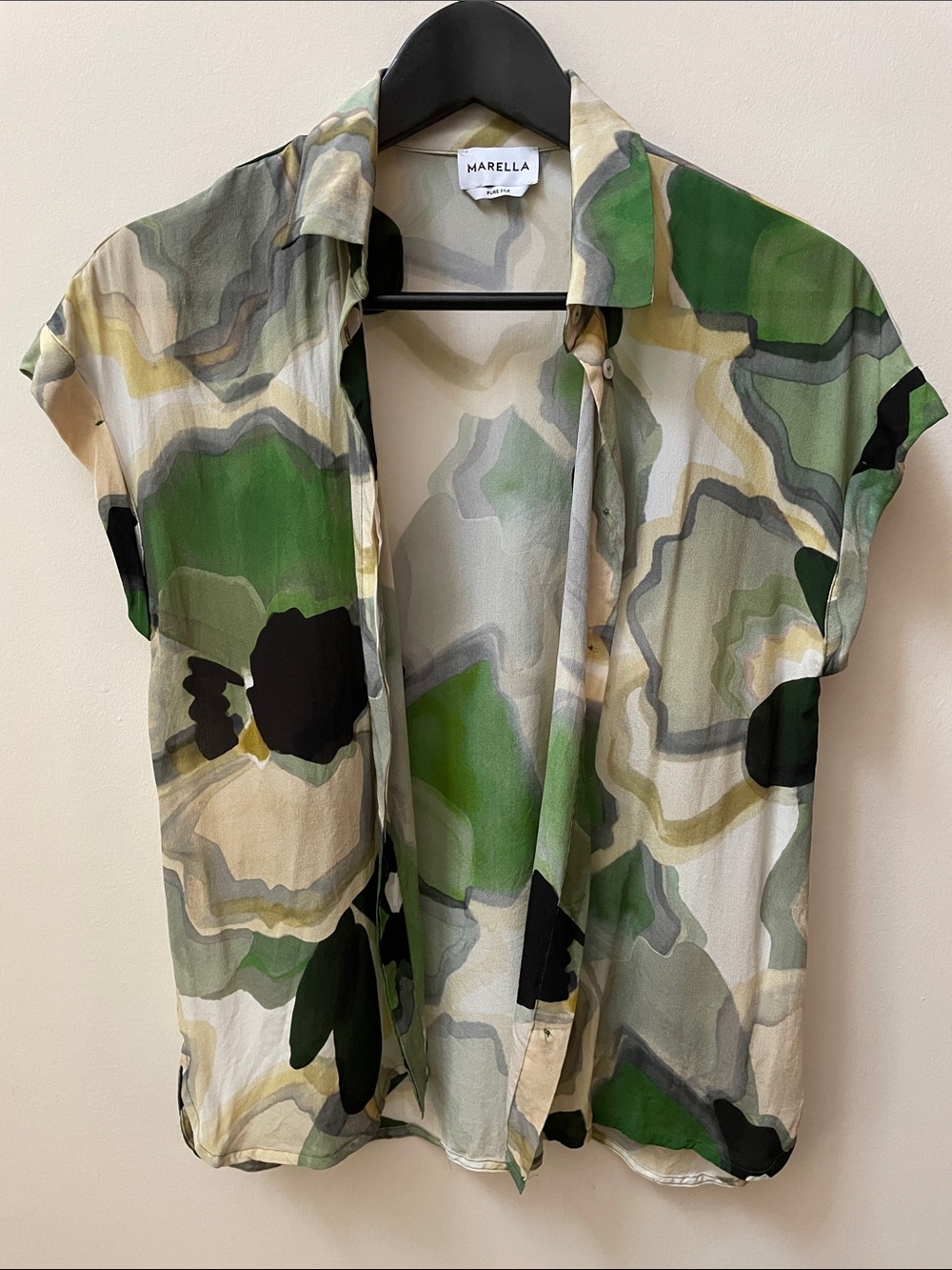 MARELLA SILK Green Black Cream Short-Sleeve Blouse - Picture 3 of 7